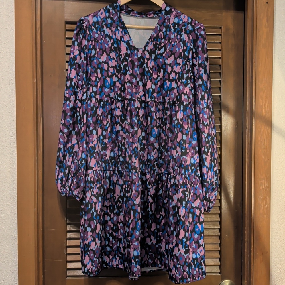 Purple Animal Print Tiered Long Sleeve Dress With Puff Sleeves